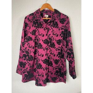 Chico's Women's Size 3X Pink Black Button Down Shirt Dark Floral Flocked Velvet